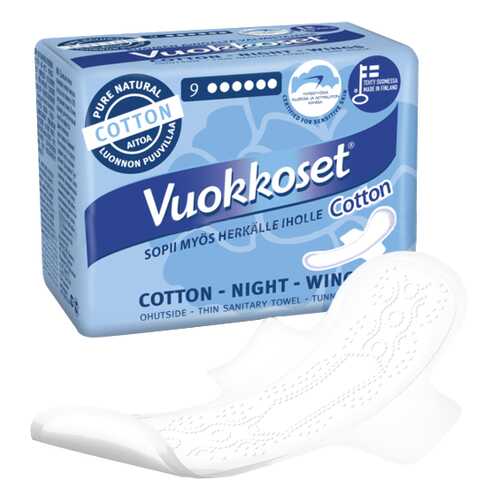 Прокладки Vuokkoset (Вуоккосет), женские, Cotton Night Wings, 9 шт, в Тианде